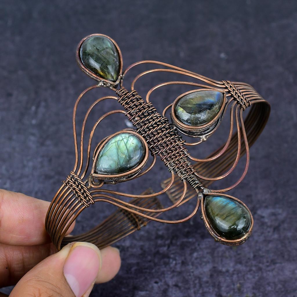 Labradorite Gemstone Copper Wire Wrap Cuff Bangle Adjustable