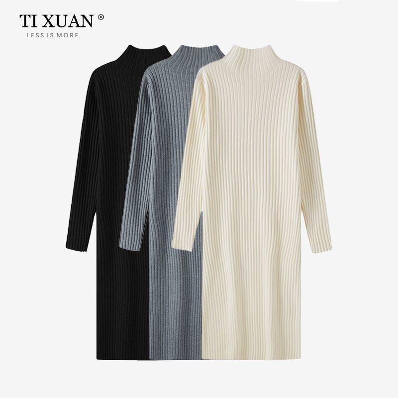 Women's Autumn & Winter Wool Knit Dress - Half-High Collar, Loose Long Sleeve, Mid-Length Base Layer Over the Knee.