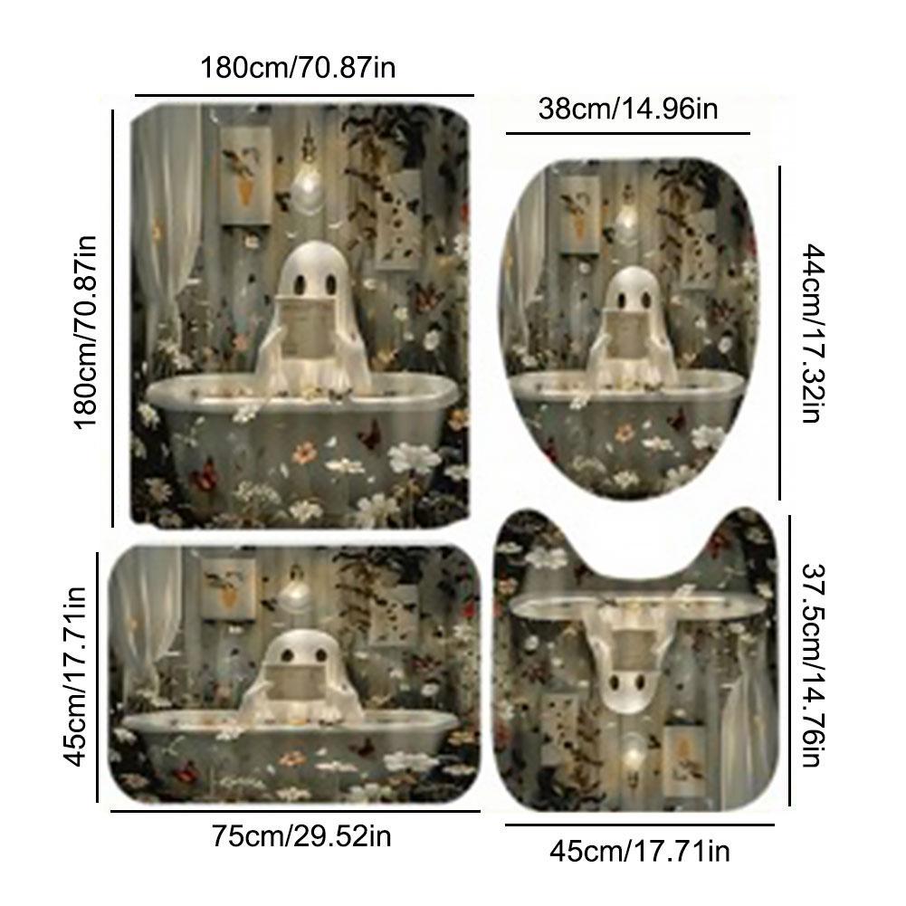 Cute Cartoon Ghost Shower Curtain Set Halloween Shower Curtain Washable Halloween Bathroom Curtain Polyester Fabric with Hooks