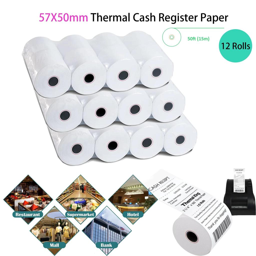 2 1/4 X 50ft Thermal Paper, BPA Free Receipt Paper, Fits 57mm Mini Thermal POS Printer & Square Terminal Credit Card Machines