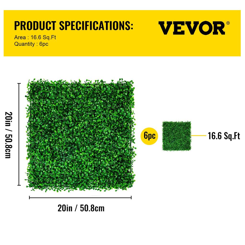 VEVOR Artificial Boxwood Panel UV 6pcs Boxwood Hedge Wall Panels, Artificial Grass Backdrop Wall 20" X 20" 4 Cm Green Grass Wall