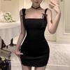 Petite Women's Summer Black Suspender Dress with Bow and Hip Skirt - French Sexy Style