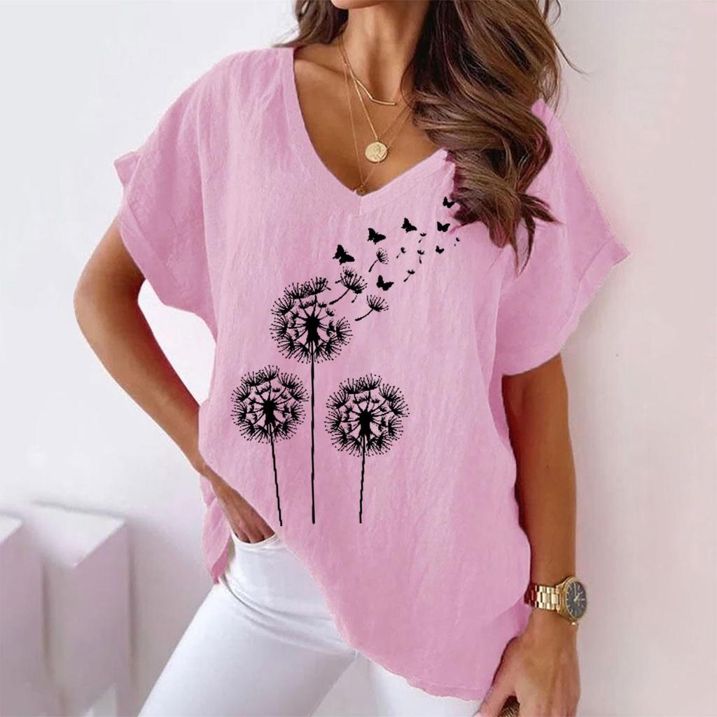 Plus-size Women's Plain Color V-neck Cotton and Linen Casual Bat Short-sleeved T-shirt for Women