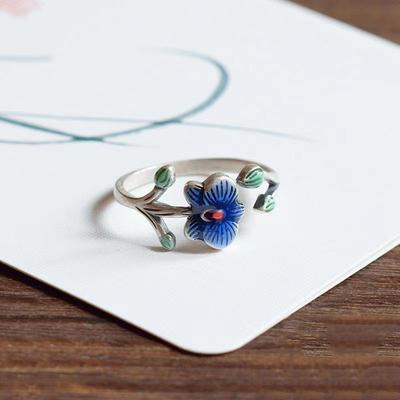 JMXD-Cloisonne Burnt Blue Phalaenopsis Ring, Small Fresh Retro Ethnic Style Literary Jewelry