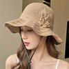 Women Floral Crochet Bucket Hat Ruffle Wide Brim Sun Hat with Chin Strap Breathable Hollow Knit Fisherman Cap for Outdoor Travel Sun Protection