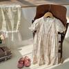 French Floral Square Neck Lace Dress for Girls - Summer 2026, Short Sleeves, Korean Style