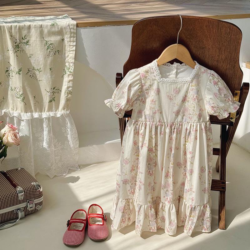 French Floral Square Neck Lace Dress for Girls - Summer 2026, Short Sleeves, Korean Style