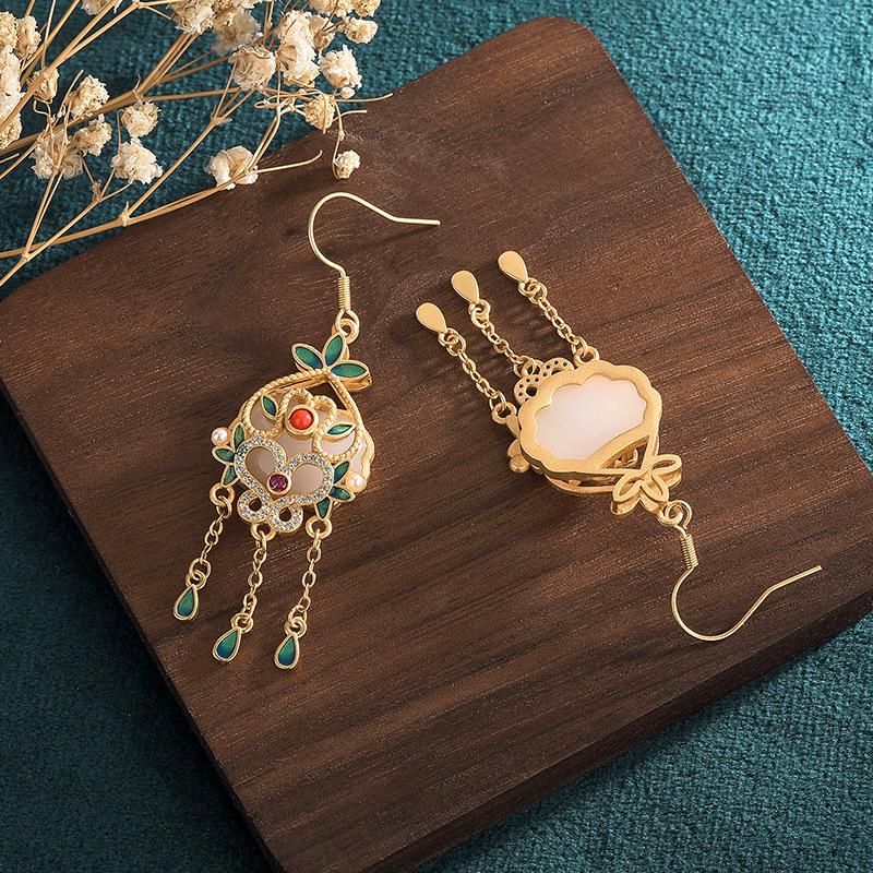 2022 Ethnic Court-Style Enamel & Imitation Hetian Jade Tassel Earrings