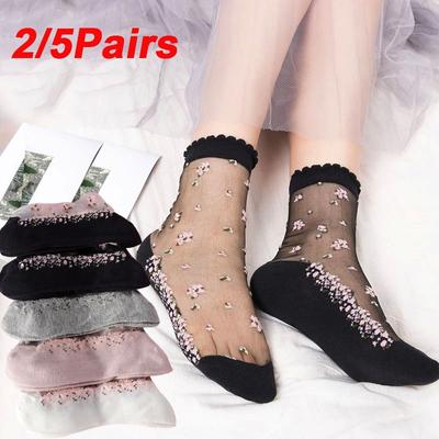 2/5Pairs Breathable Ultra Thin Socks Summer Women Transparent Crystal Rose Flower Socks Girls Elastic Short Female Sock