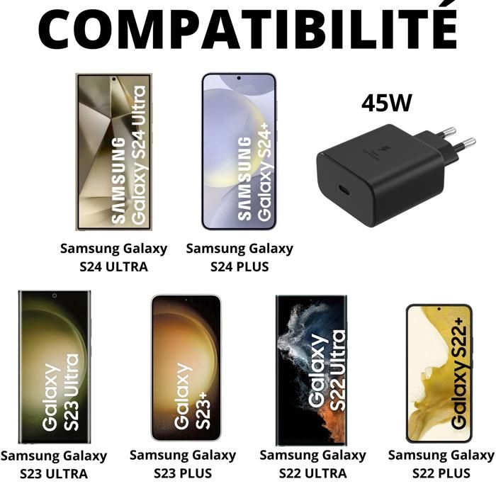 Chargeur Rapide 45W - Phonillico - USB-C - 1 mètre - Compatible Samsung Galaxy S24/S23/S22