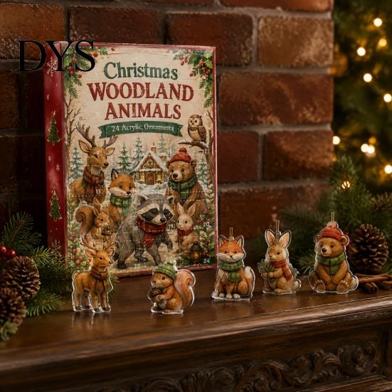 Reusable Holiday Decoration 24 Days Christmas Advent Calendar 2026, 2D Acrylic Reading Cats/Dogs/Forest Animals Surprise Unboxing Gift Ornament