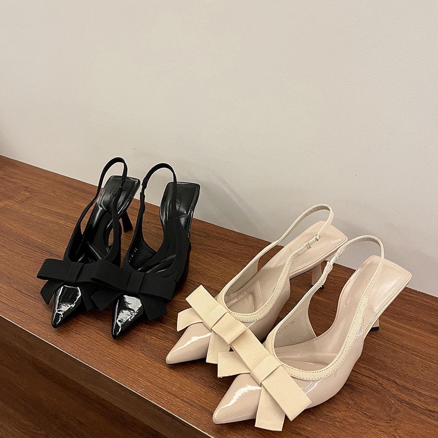 Fairy bow pink high heels bag head sandals female 2025 new spring and summer pointed celebrity temperament single shoes