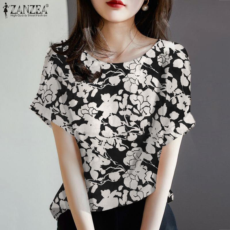 

ZANZEA Женская повседневная блузка с круглым вырезом и коротким рукавом с цветочным принтом, футболка