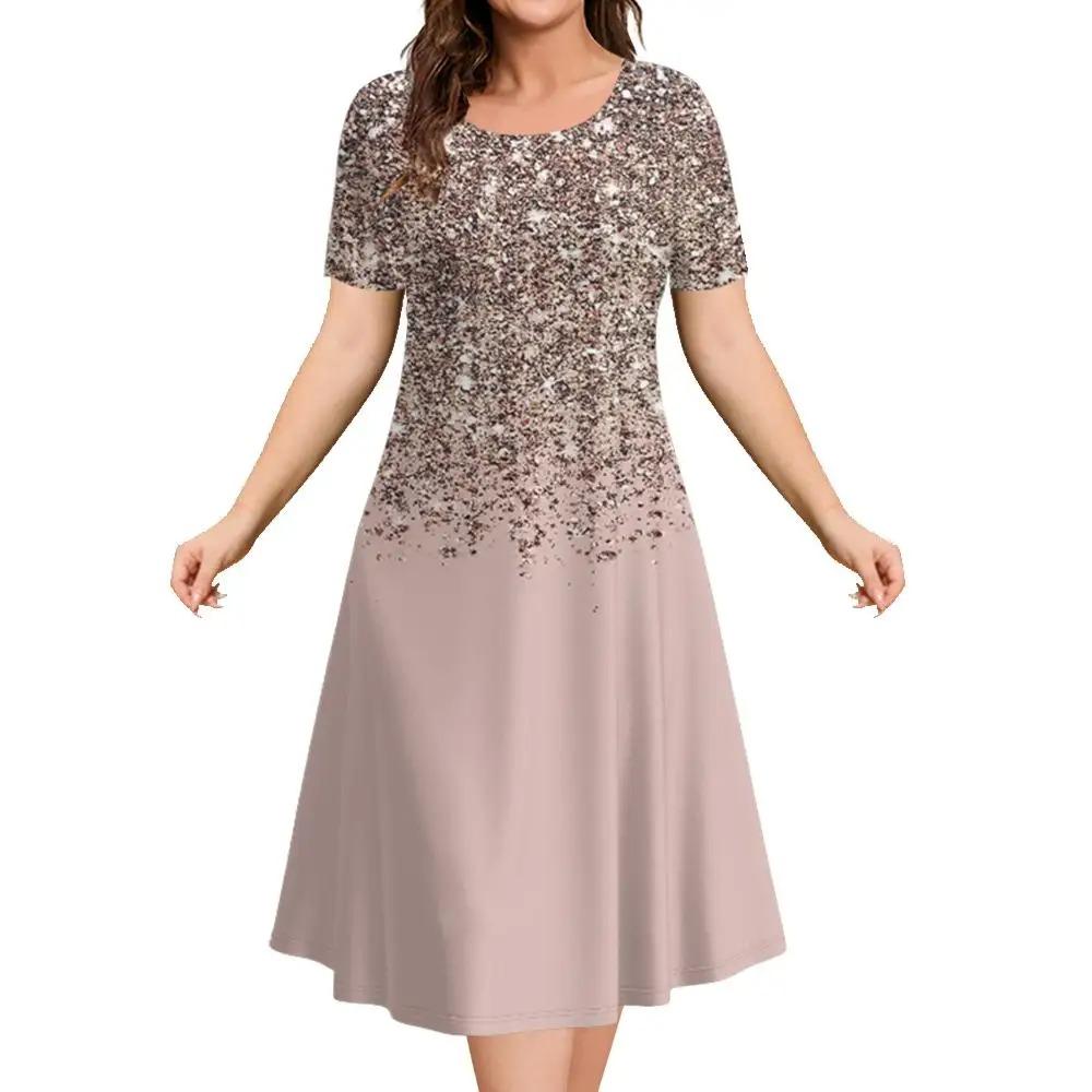 Fashionable and elegant women's dress short sleeved O-neck casual vacation party dress 3D printed A-line dress