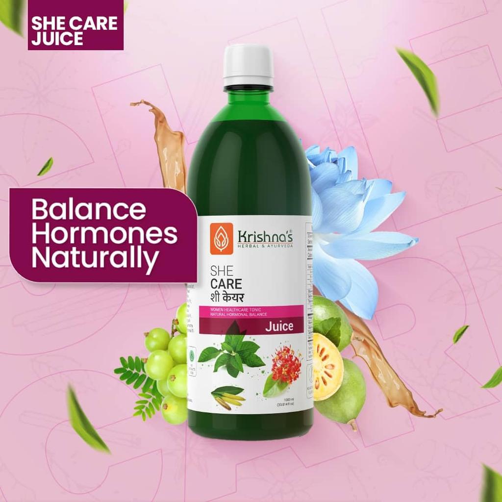 KRISHNA'S HERBAL & AYURVEDA She Care Juice 1000ml, Herbal Supplement for Hormonal Balance, PCOS, PCOD, Period Pain Relief, Hair and Skin Hea