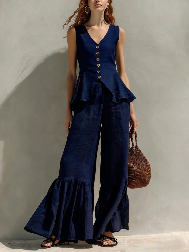 Women V Neck Sleeveless Top with Wide Leg Pants Ruffle Hem Tie Waist