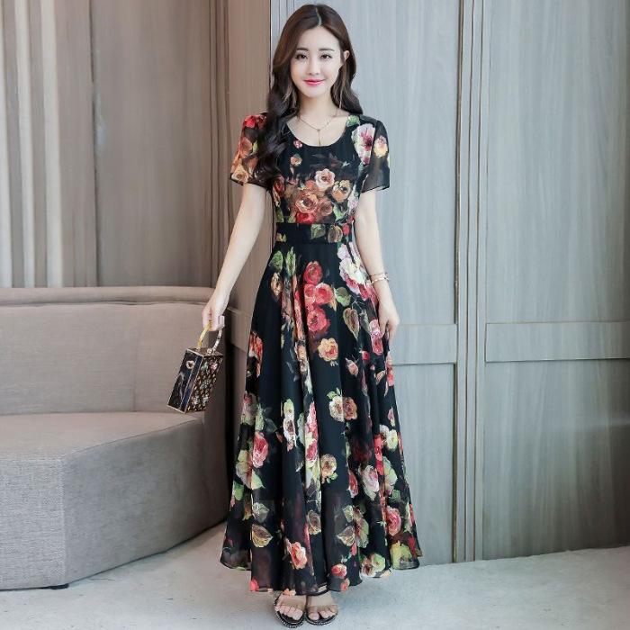 Damen Plus Size Koreanisches Sommerkleid mit Print, weiterem Saum und Rundhalsausschnitt