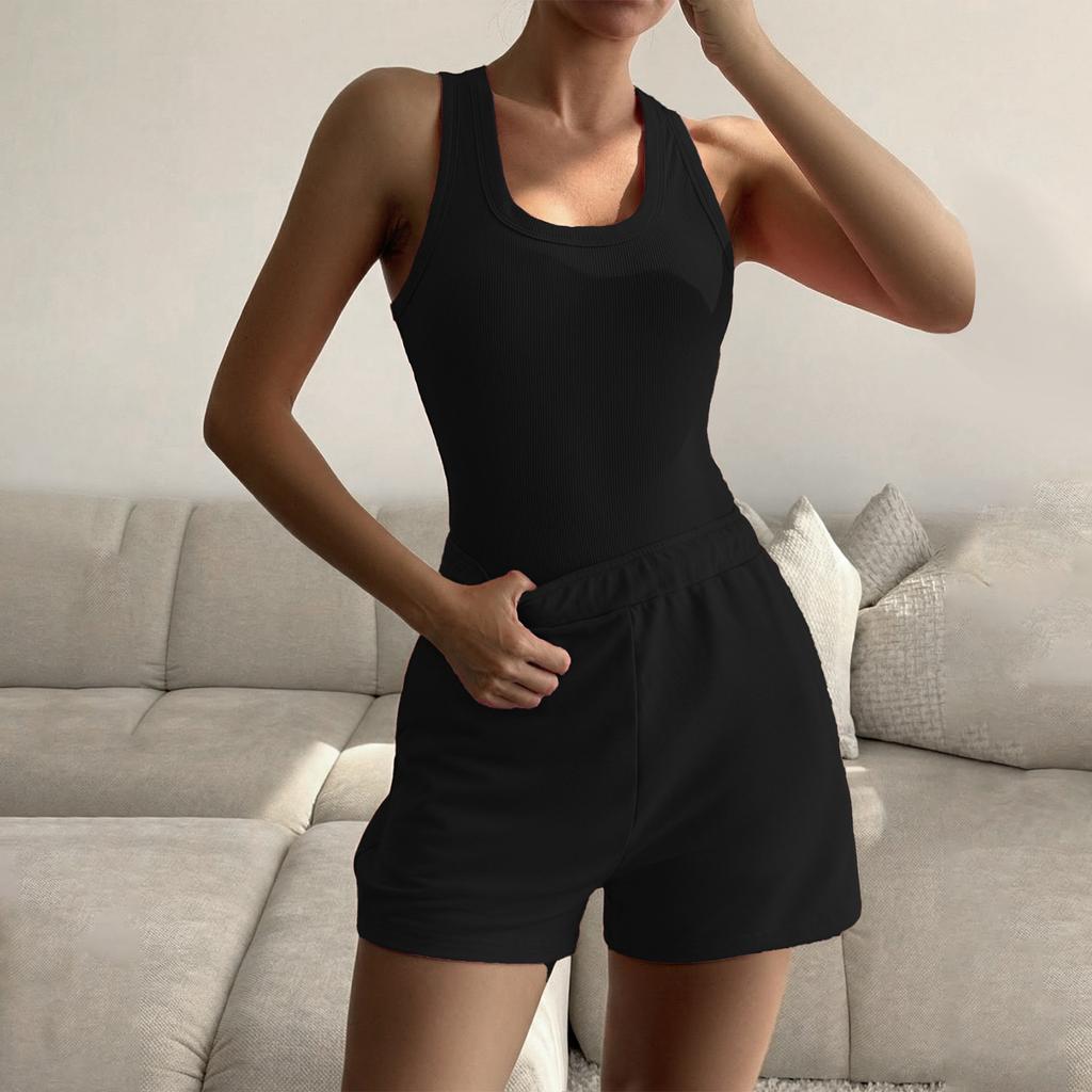 Women's Sleeveless Tank Top and Shorts Set Ribbed Round Neck Casual Two Piece Summer Outfit Suitable for Daily Wear and Light Exercise