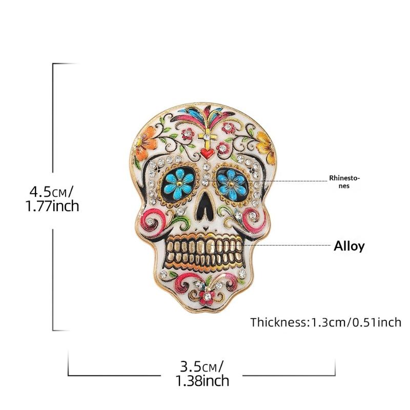 Colorful Flowers Sugar Skull Brooch With Vibrant Enamel Sparkly Rhinestone Accents For Day Of The Dead And Halloween Parties