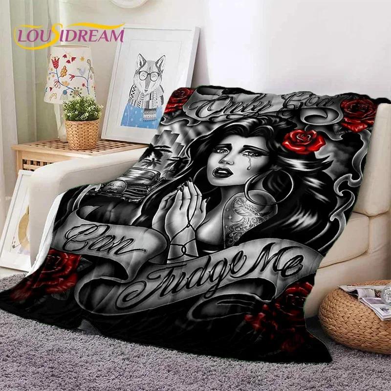 Totenkopf Totes Mädchen 3D Gothic Horror Weiblich Rose Weiche Flanelldecke für Betten Schlafzimmer Sofa Picknick, Überwurfdecke zum Zudecken Freizeit