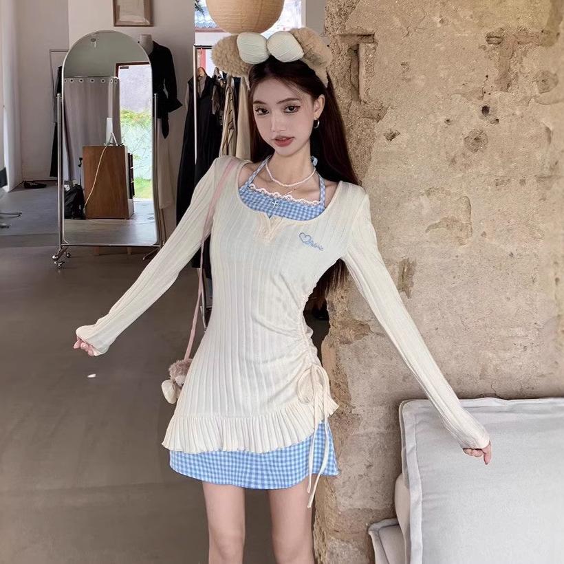 Pure Desire Sweet Spice Girl Fake Two-piece Dress Women's Spring New Hanging Neck Waist Thin Irregular Short Skirt