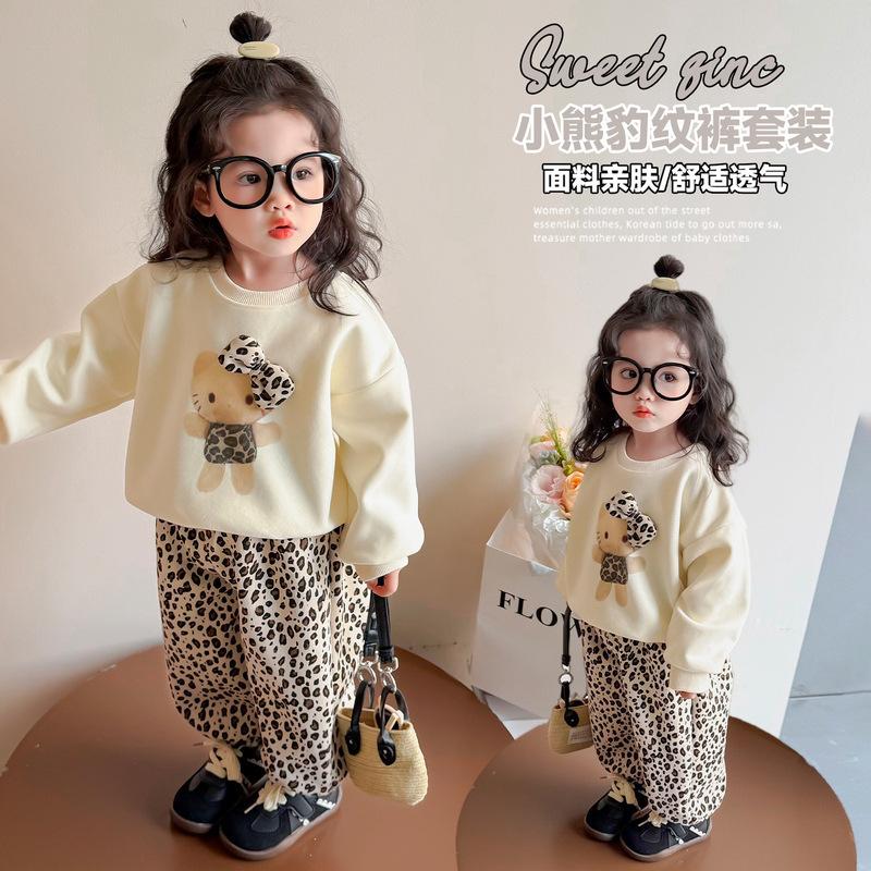 Girls Leopard Print Hoodie and Pants Set for Spring Autumn