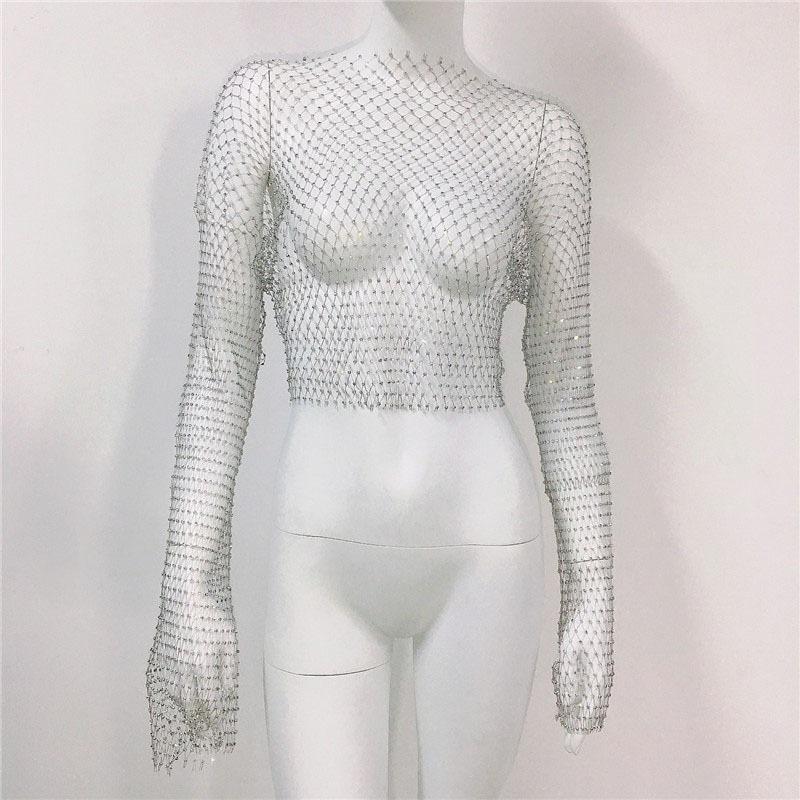 Trendy Mesh Fishnet T-Shirt For Europe And America - Long-Sleeved Rhinestone Top. Sexy Hot Girl Style With Heat-Pressed Rhinestones-Mesh Top For Women
