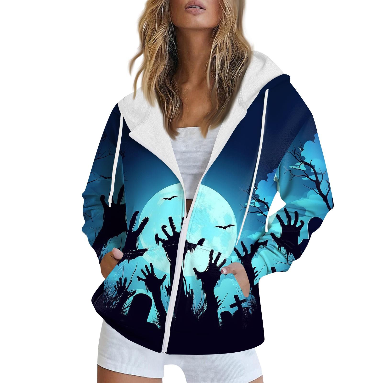 

Женская повседневная спортивная одежда с принтом на Хэллоуин, осенне-зимняя куртка с капюшоном и длинными рукавами, с карманом на молнии XL