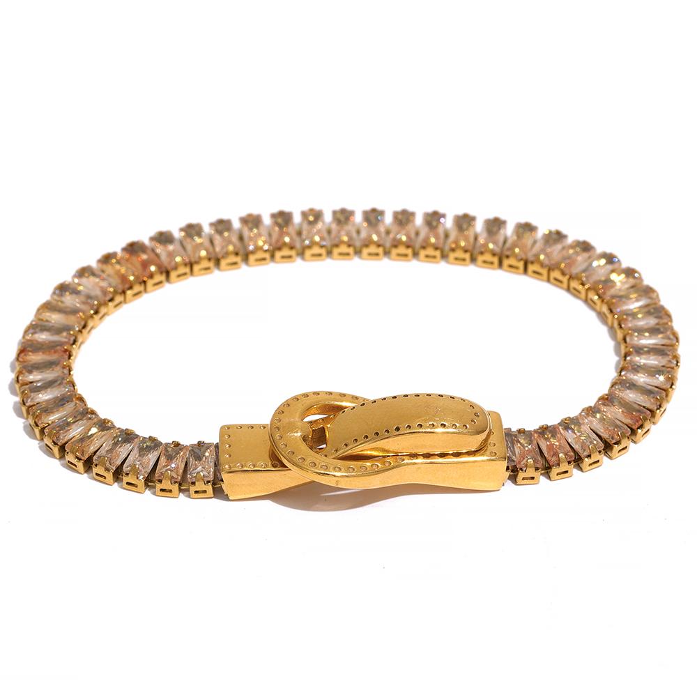 Yhpup Luxury Colorful Cubic Zirconia Stainless Steel Belt Buckle Bracelet Bangle Bling Stylish Unique Waterproof Fashion Jewelry