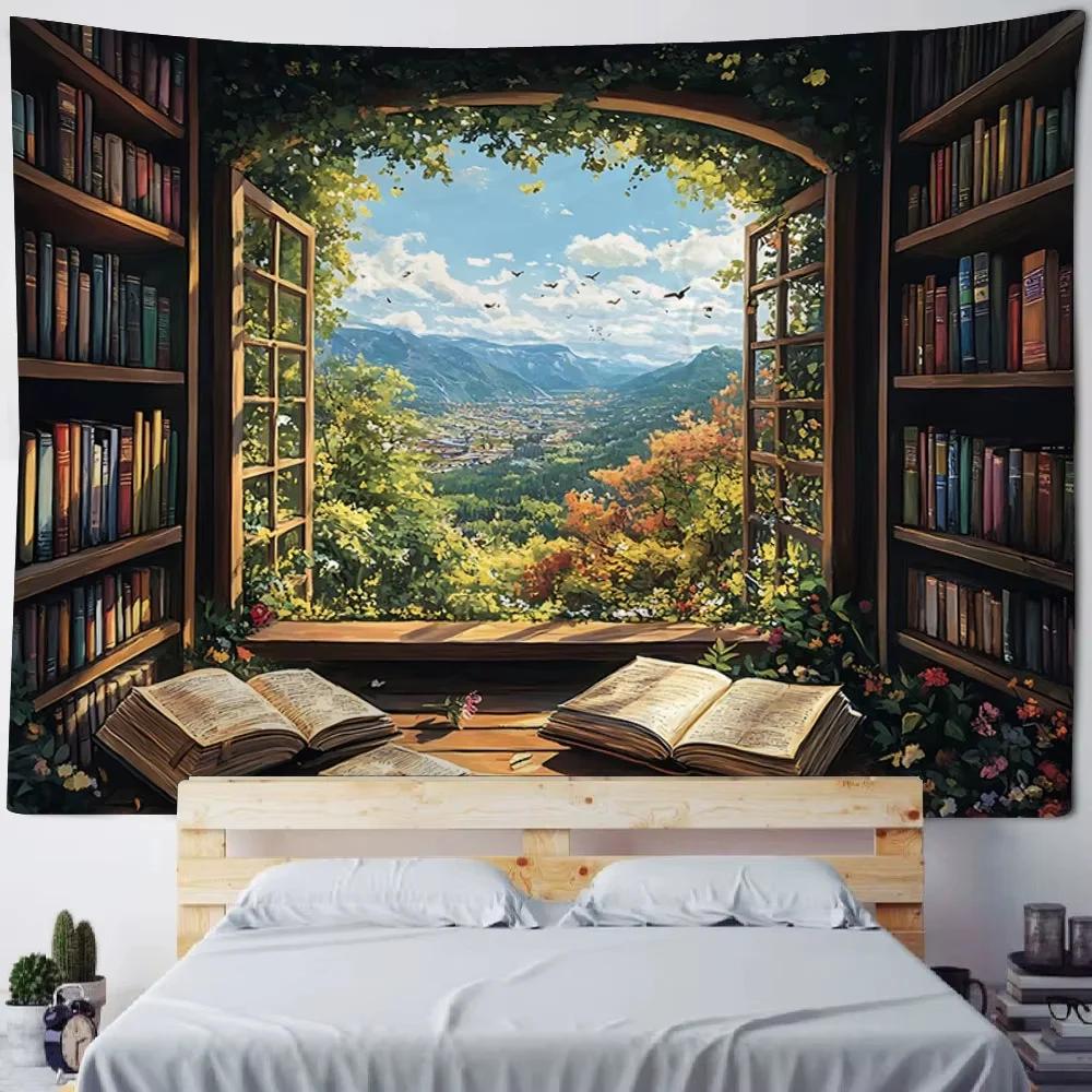 Library Enchanted Bookshelf Tapestry | Aesthetic Wall Art | Home Accents Decor for Living Room Dorm Bedroom