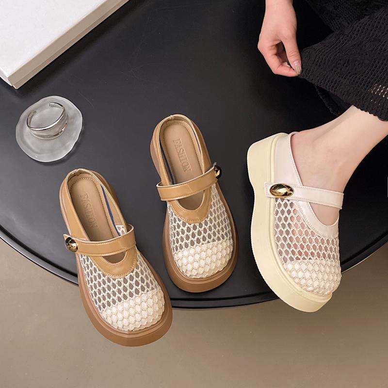 

Woven Mary Jane Sandals Women s Slip-On Thick Heel Summer Shoes Hollow out Design Rubber Sole Simple Style Casual Slippers 35 бежевий