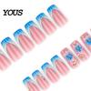 Travel Friendly Nails 24Pcs Summer Ocean Press on Nails, French Tip Flower Faux Pearl Stick-on Fake Blue Tips Salon Quality Long Glue False for Women
