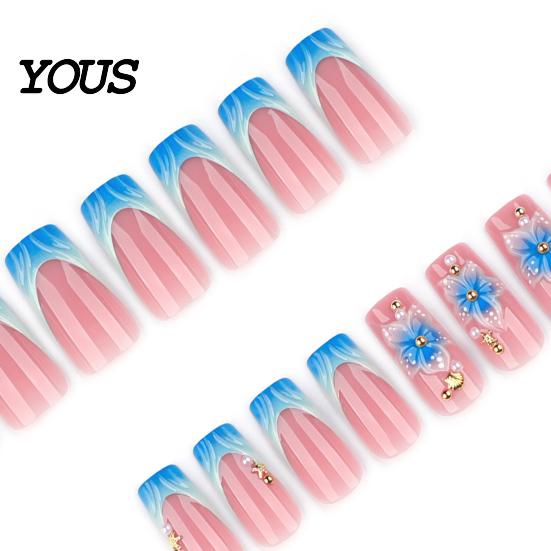 Travel Friendly Nails 24Pcs Summer Ocean Press on Nails, French Tip Flower Faux Pearl Stick-on Fake Blue Tips Salon Quality Long Glue False for Women