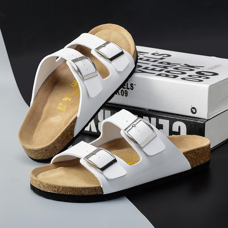 Slippers Men's 2025 Summer New Double-breasted Cork Slippers Men's and Women's Outer Leather One-word Cool Slippers