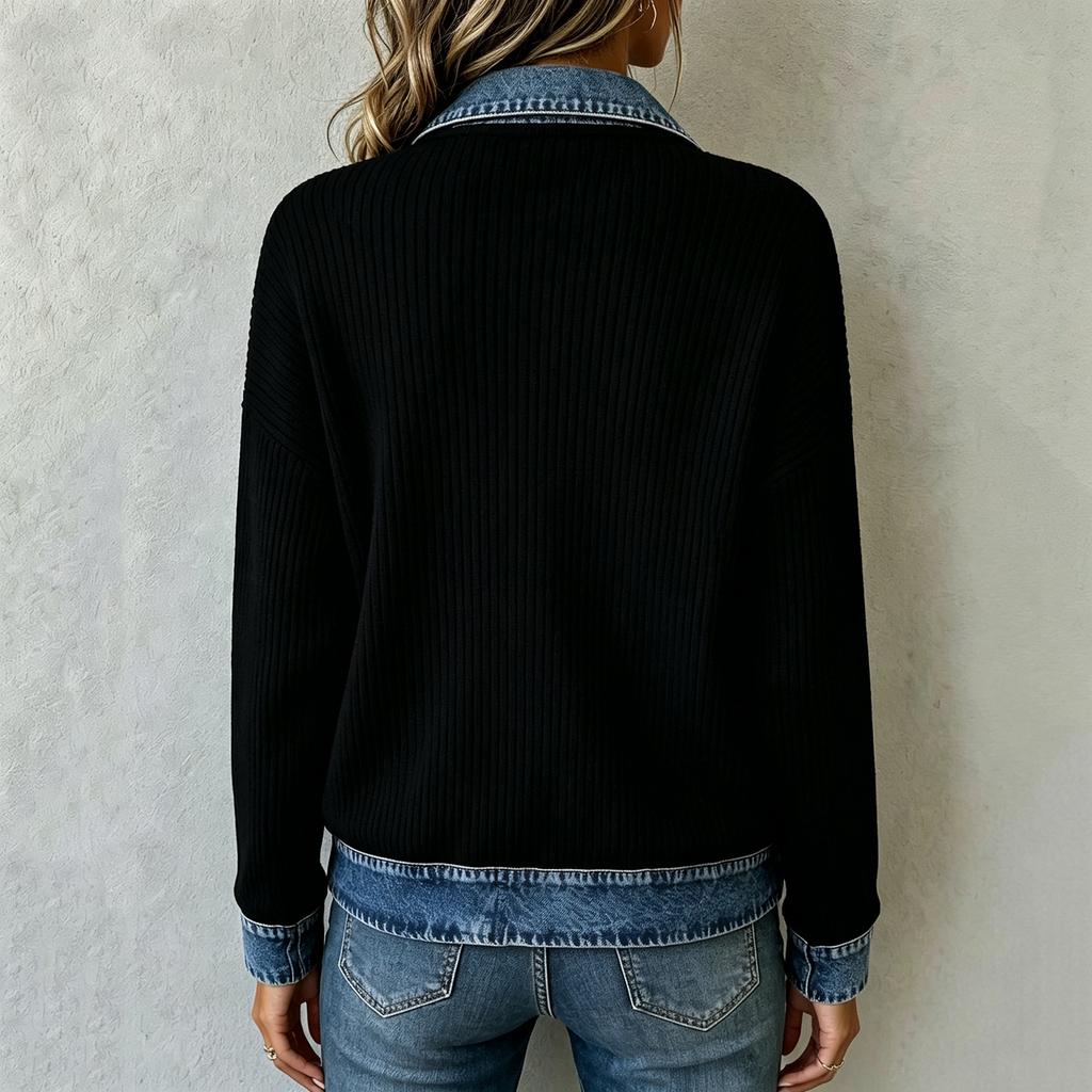 Women's Fashion Knit Denim Cardigan Jacket, Long Sleeve Casual Blouse with Patchwork Design, Fall Winter Outerwear