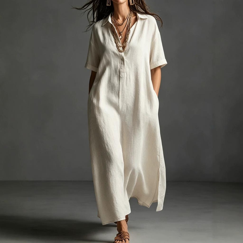 European and American women's clothing spring and summer new cotton and linen simple and elegant solid color short-sleeved lapel dress