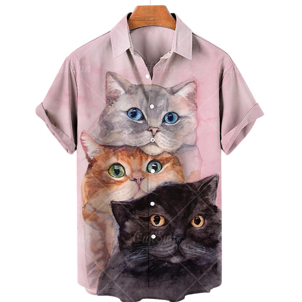 Herrenhemd mit süßem Katzenprint, lustige Anime-Katzen, Herrenhemd mit Knöpfen und Reverskragen, modisches hawaiianisches Kurzarm-Freizeithemd