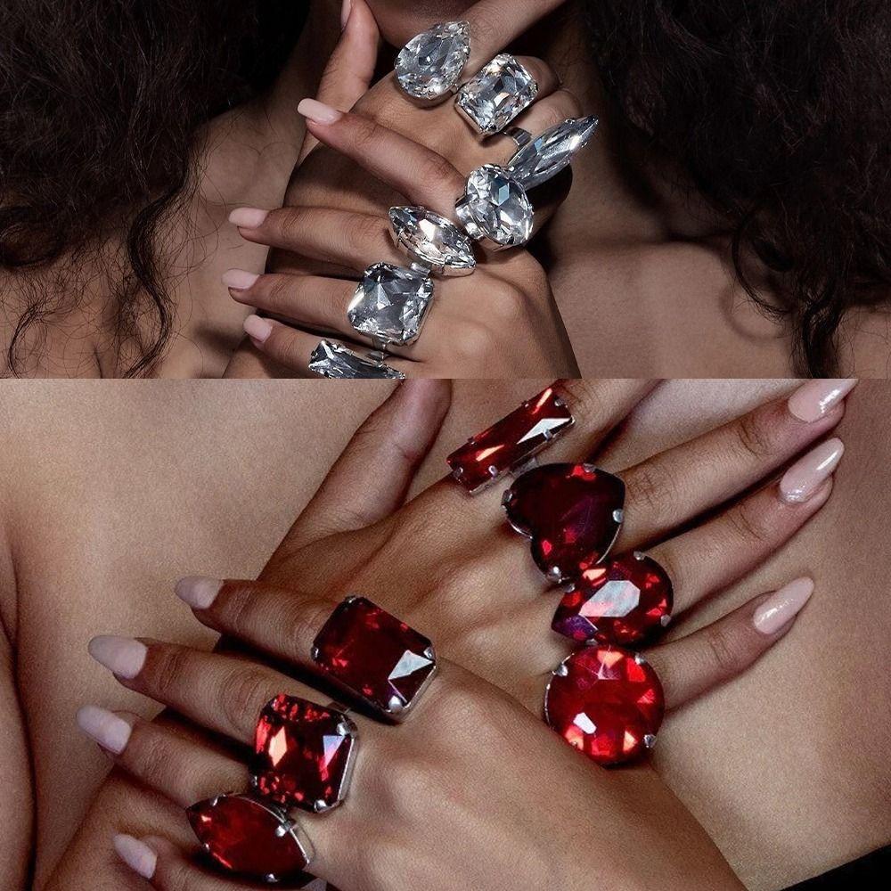 7PCS Rhinestone Crystal Square Rhinestone Ring Large Size Large Crystal Ring