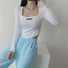 Crop top da donna con scollo quadrato, design a lisca di pesce, strisce piccanti, maniche lunghe