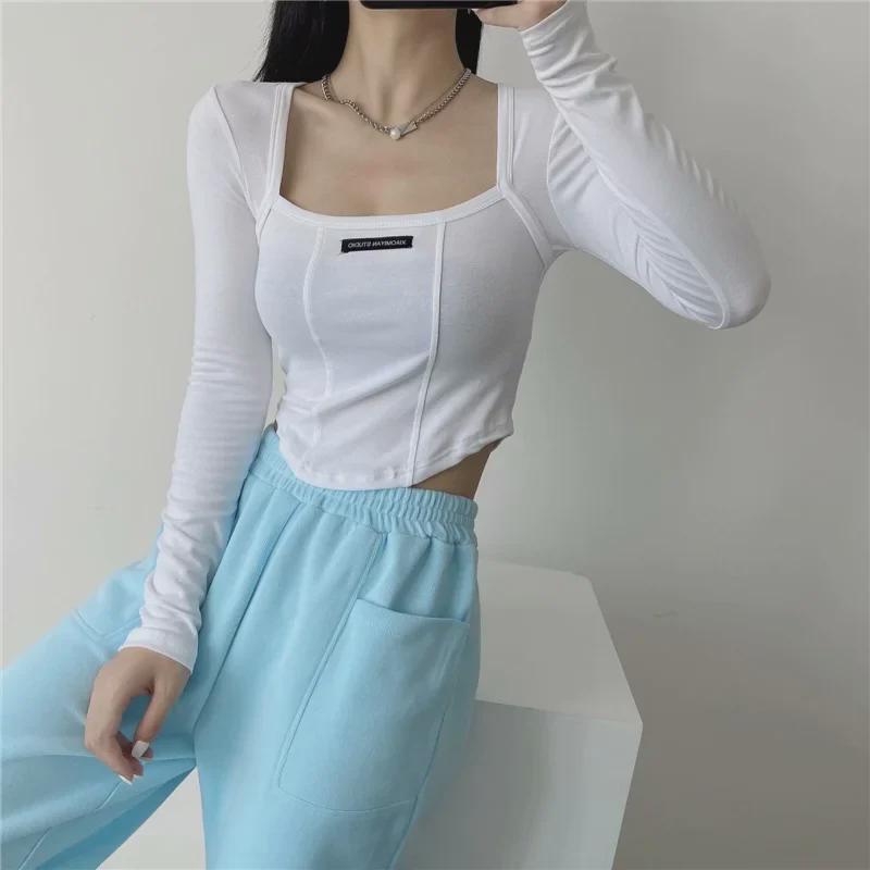 Crop top da donna con scollo quadrato, design a lisca di pesce, strisce piccanti, maniche lunghe