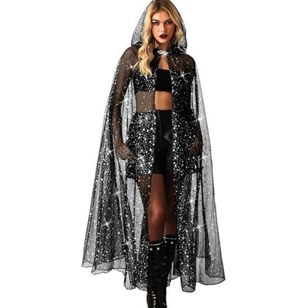 New Design with Oversized Hood Star Tulle Cape Vintage Black Color Halloween Hooded Cloak Lace-up Long Sheer Hooded Cloak