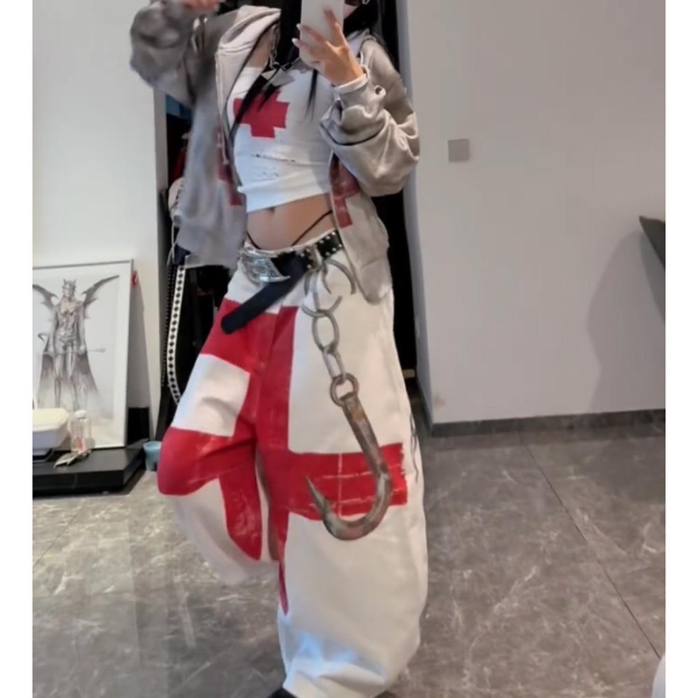 Maßgeschneiderte Unisex Streetwear Weiße Jeans mit weitem Bein und Kettenprint