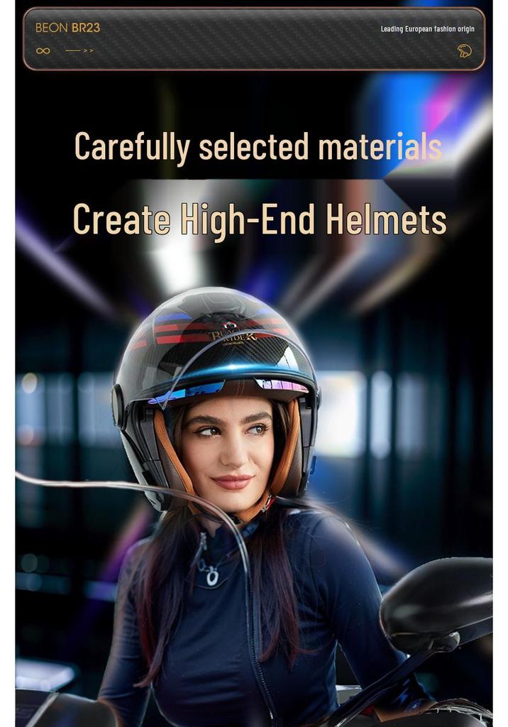 BEON Ultra-light Carbon Fiber Electric Motorcycle Helmet, Three-quarters Half Design, Double Visor, Unisex, All-Season.
