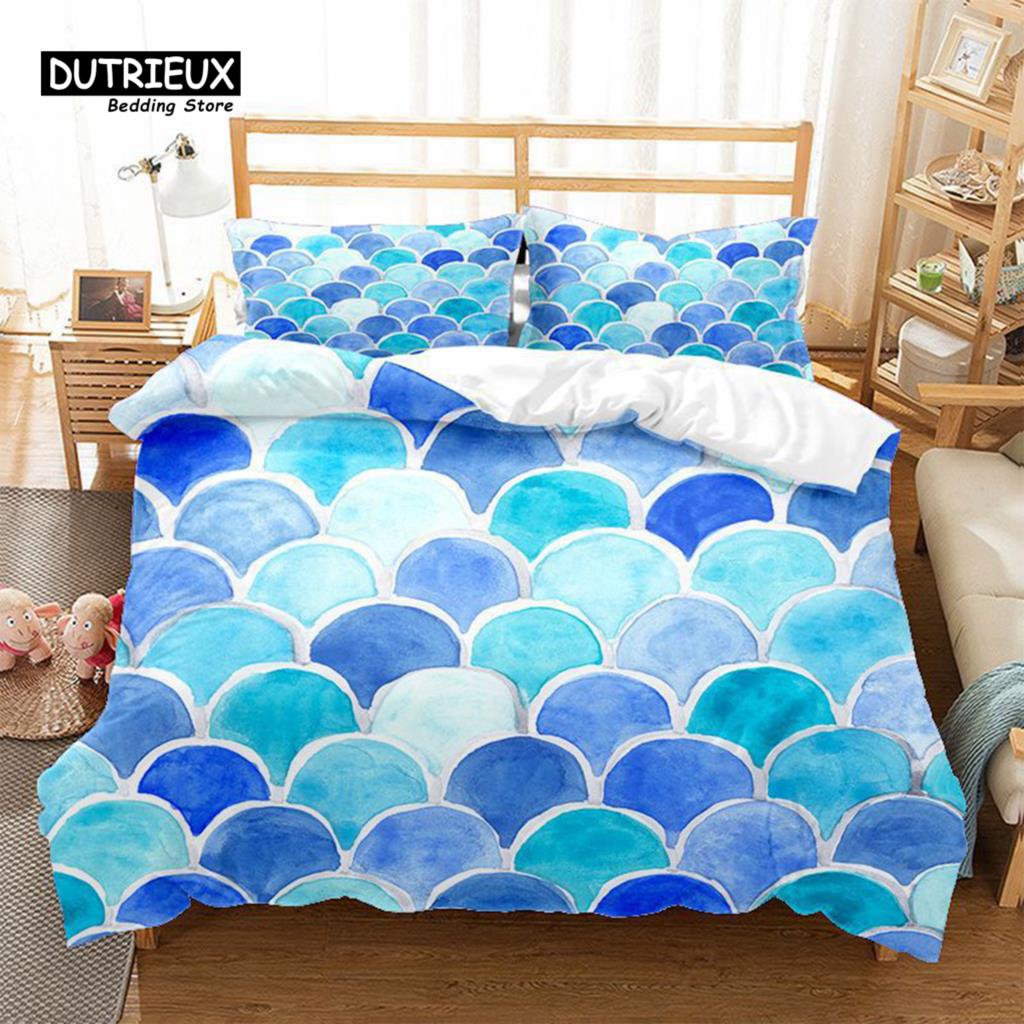 Mermaid Fish Scales Duvet Cover Magical Colorful Seamless Pattern With Fish Scale Net Print Bedding Set Microfiber Quilt Cover