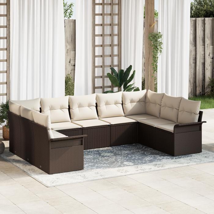 Set de Canapés de Jardin 9 Pièces avec Coussins en Poly Rotin Marron, Canapé de Jardin 2 Places avec Rangement &amp; Coussins 3354187