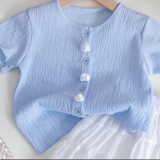 Zestaw Dziewczęcy Lato Nowy Dziecięcy Top z Krótkim Rękawem Letnia Spódniczka do Połowy Dwuczęściowy Zestaw