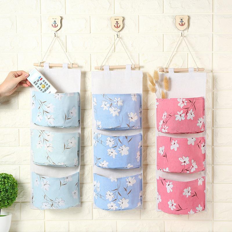 Cotton Linen Hanging Storage Bag With Multilayer Design For Living Room Organization