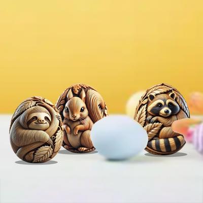 Animal Easter Carving Craft Egg Wooden Owl Squirrel Monkey Animals Carved Eggs for Home Tiered Tray Table Decor