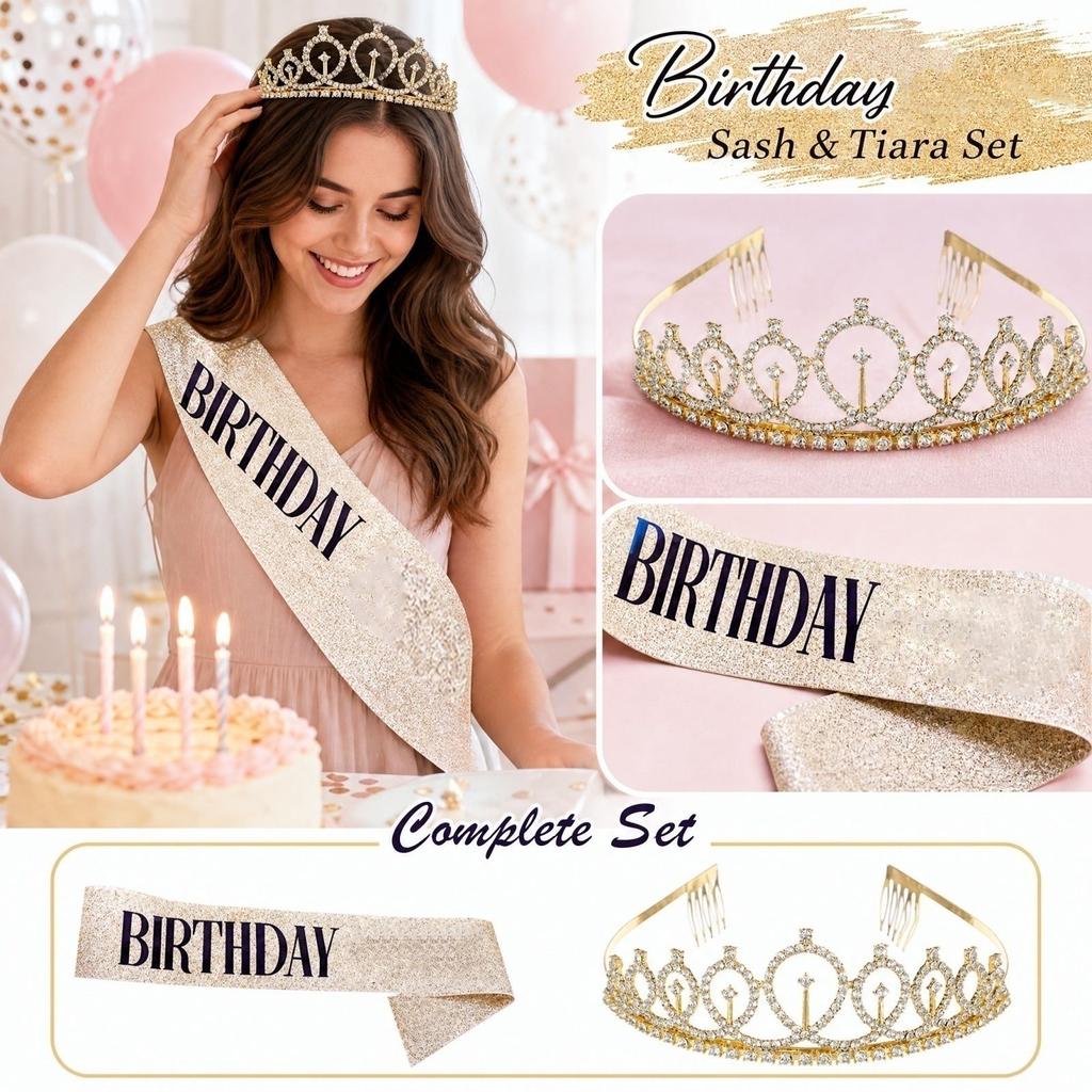 Birthday Sash and Headband Set for Party Photo Props