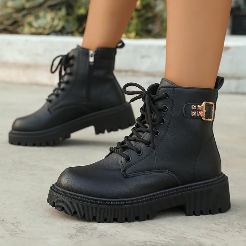 Fashion Black PU Leather Ankle Boots for Women 2025 Autumn Winter Warm Short Plush Booties Woman Fashion Buckle Platform Combat Boots